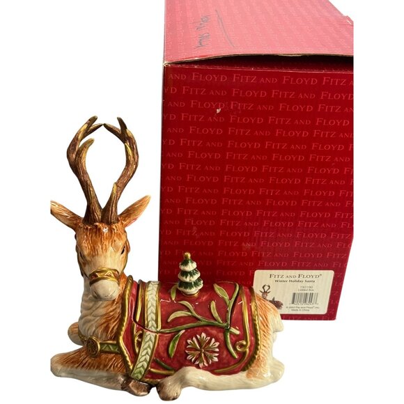 Fitz & Floyd Winter Holiday Santa Deer Lidded Reindeer Jar With Box - Picture 1 of 8